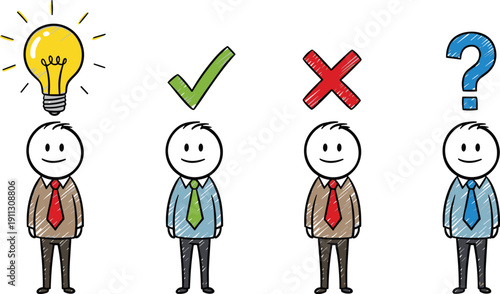 Decision making concept illustration, business people with idea, correct and wrong choices, evaluation process, problem solving, doodle style vector