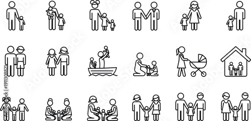 Family icons set showing parents, children, home life, parenting, relationships, care, baby stroller, household scenes vector illustration