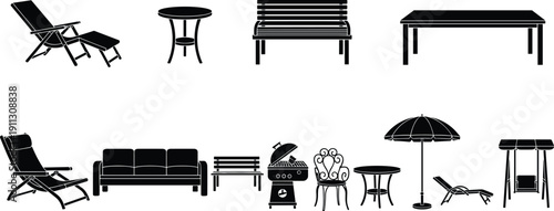 Furniture silhouettes collection including chairs, tables, sofa, bench, umbrella, swing, outdoor and indoor seating vector illustration set