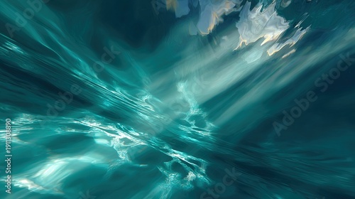 Abstract underwater scene with fragmented light beams in turquoise water, evoking a sense of fluid motion.