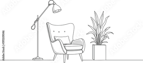Modern living room interior line art with armchair, floor lamp, houseplant, minimal home decor, cozy reading corner illustration