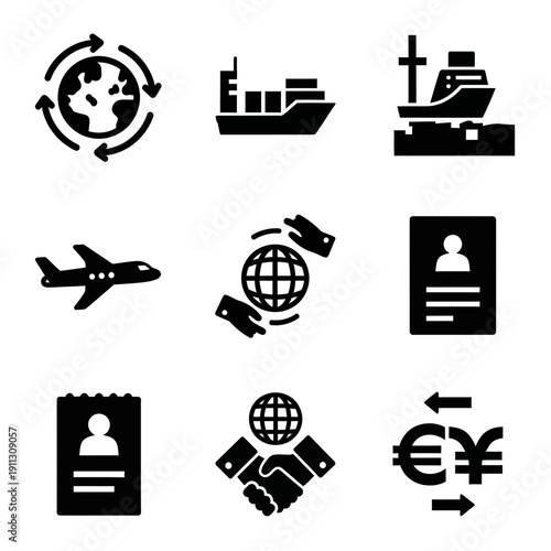 Global trade and commerce icons set for business use