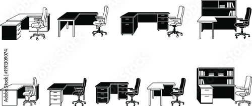 Office desk workstation set, business workplace furniture layouts, computer tables and chairs, corporate interior workspace design, line vector illustration
