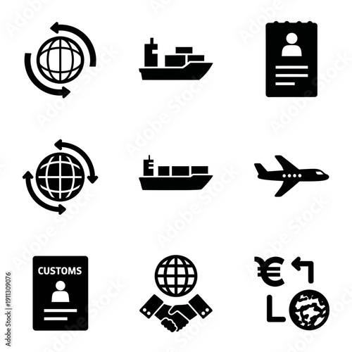 Global business icons for international trade and finance