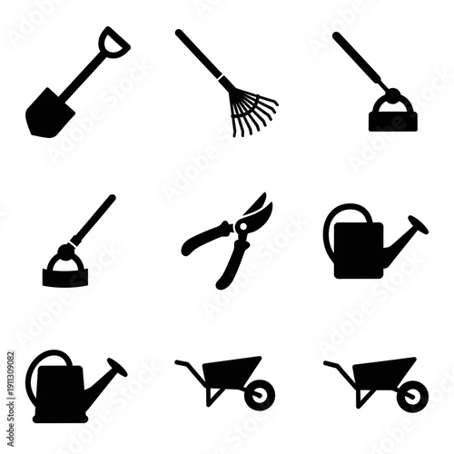 Gardening tools icons for landscaping and yard work projects