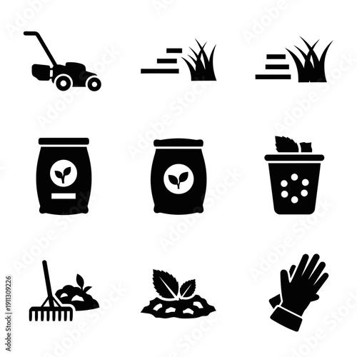 Gardening tools and supplies for lawn care and plant growth