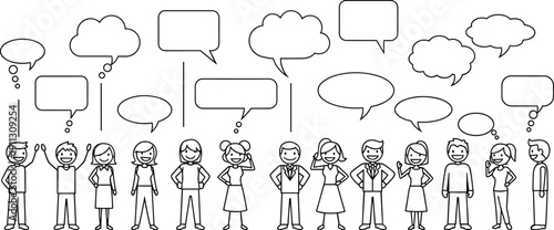 People communication speech bubbles set, group discussion illustration, social interaction concept, teamwork conversation, brainstorming dialogue, line art vector