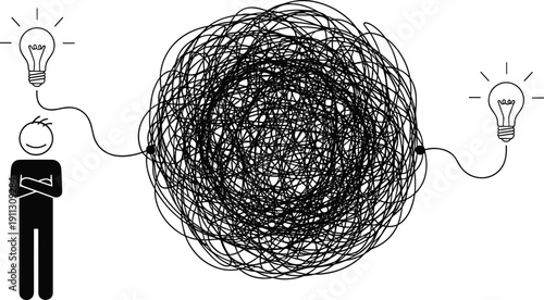 Problem solving concept illustration, messy thinking to clear idea process, creative solution path, business strategy metaphor, line art vector