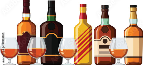 Premium liquor bottles with tasting glasses collection featuring whiskey and brandy isolated on white background for bar, alcohol branding, and spirits marketing