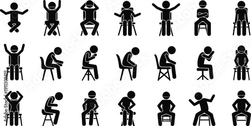 Sitting people silhouettes set, body language poses, human emotions gestures collection, chair posture icons, behavior signs, black pictogram vector