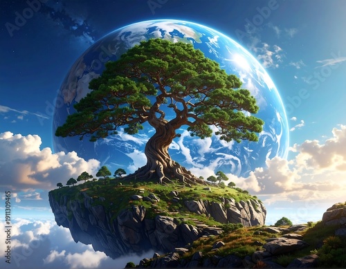 Surreal digital art of a tree atop a floating rock, Earth in the background