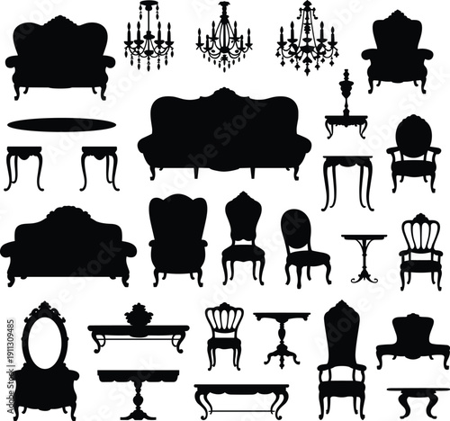Vintage baroque furniture collection with chandeliers, sofas, chairs and tables, antique luxury interior silhouette vector set isolated on white background