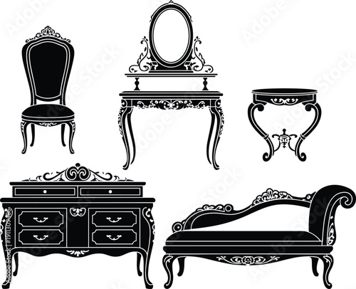 Vintage baroque furniture silhouettes vector collection, ornate chair vanity table cabinet and chaise lounge in elegant royal style isolated on white