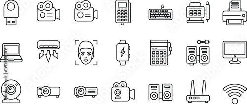 Technology outline icon set featuring computer camera projector keyboard printer wifi router smartwatch speaker devices modern thin line vector collection