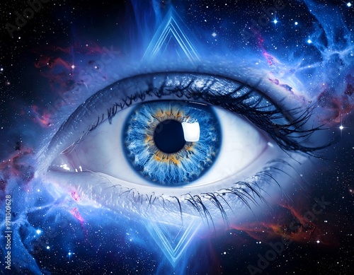 Surreal image of a human eye gazing into a cosmic, starry expanse
