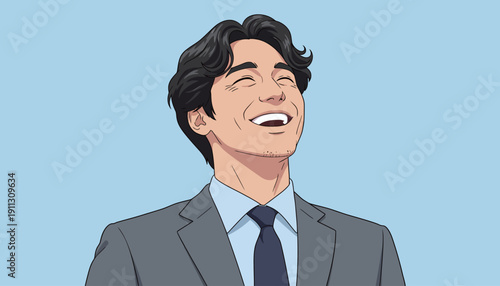 A man dressed in a suit stands smiling with his eyes closed against a light blue background. He seems happy and relaxed in his pose.