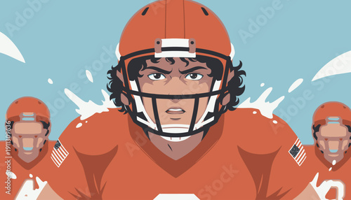 Players in orange uniforms prepare to play football in a game. They focus intently as they run on the field.