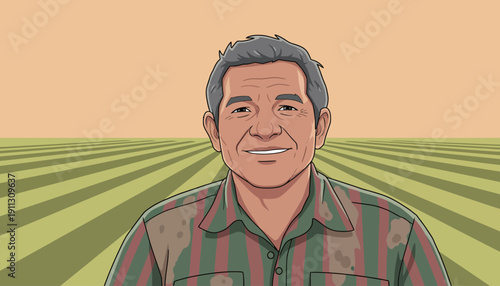 A farmer smiles while standing in a vast field during daylight, showing rows of crops reaching into the distance.