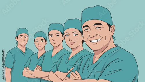 Five surgeons stand in a line, all wearing green scrubs and caps, smiling at the viewer in a hospital setting during the day.
