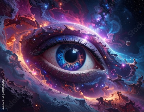 Surreal eye amidst cosmic nebula, bursting with color and wonder