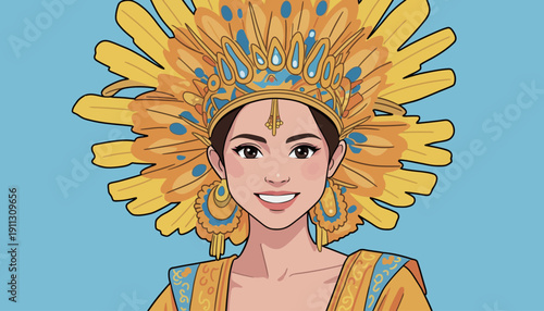 A woman smiles while wearing a colorful headdress and traditional dress during a cultural celebration. The background is bright blue.