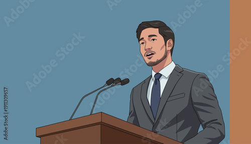 A man delivers a speech at a podium while engaging with the audience. The background is a solid color, creating a clear focus on the speaker.