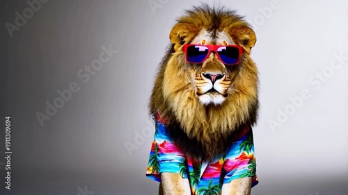 Lion in Hawaiian Shirt and Sunglasses