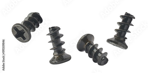 Vászonkép group of white drywall screws scattered on a transparent background, detailed view of their texture, threads, and phillips heads for diy and construction