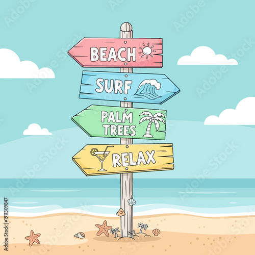 Beach vacation signpost pointing to beach, surf, palm trees, and relax