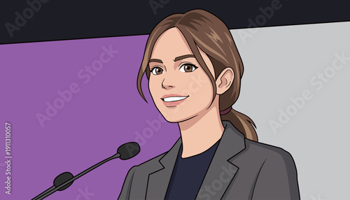 A speaker stands at a podium with a microphone in a conference room while giving a talk to an engaged audience.