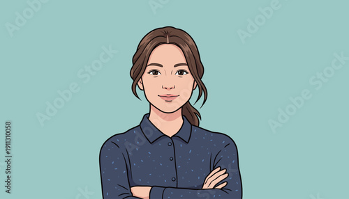 A young woman stands with arms crossed and looks straight ahead. She is dressed in a dark shirt and has brown hair tied back.