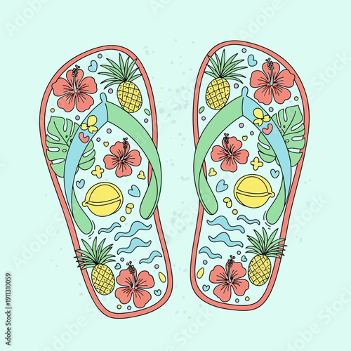 Summer Flip Flops with Tropical Fruit and Flowers Illustration