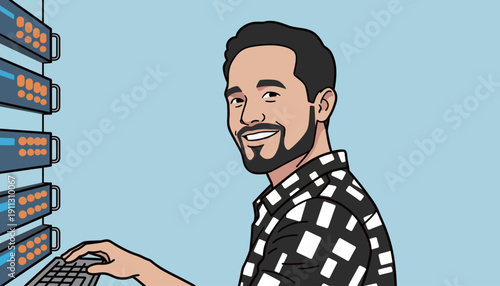 A young man sits at a desk typing on a keyboard with server racks behind him in a tech setting during the daytime.