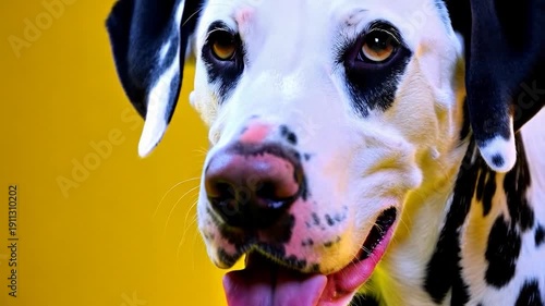 Adorable Dalmatian Portrait Against Vibrant Yellow Background