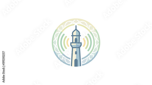 Lighthouse icon with signal waves in a circular frame.