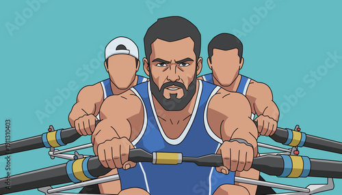 Three rowers are focused as they paddle in sync during a race on a bright blue day.