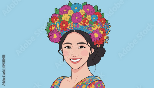 A woman wears a colorful floral headdress while smiling. She is dressed in a traditional outfit during a cultural event. The background is blue.