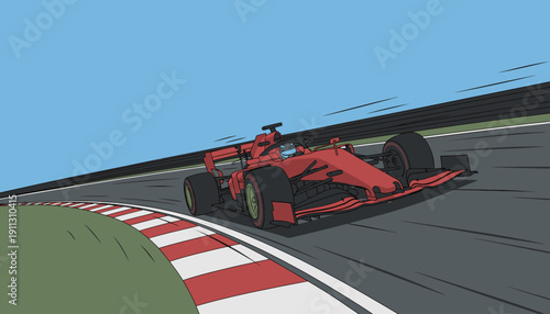 A red race car speeds around a winding track under a clear blue sky during daylight.