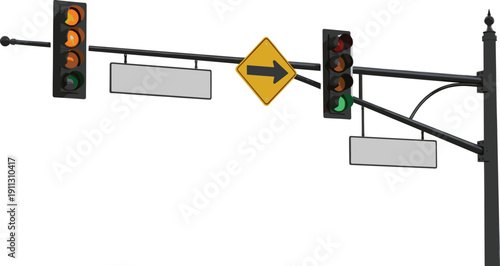 Traffic light intersection illustration with road signs and signal poles, urban transportation control system vector isolated design