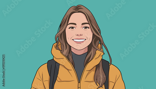 A woman stands smiling. She wears a yellow jacket and has long brown hair. A backpack is seen on her back with a bright turquoise background.