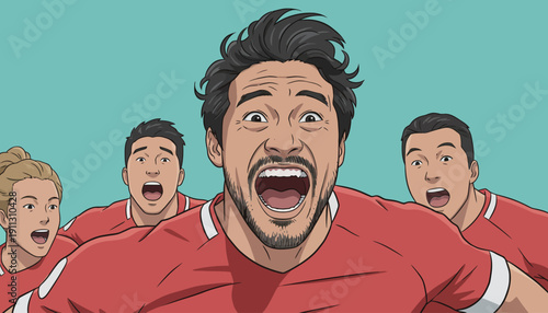 Players in red jerseys express joy and excitement as they celebrate scoring a goal during a competitive soccer match.