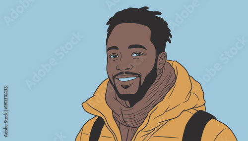 A man stands and smiles while wearing a yellow jacket and a scarf with a blue background. He looks happy and welcoming in his casual outfit.