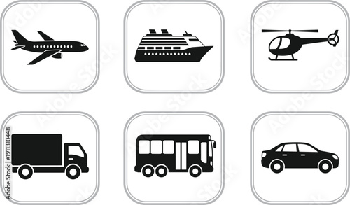 Transportation icon set featuring airplane, ship, helicopter, truck, bus, and car symbols isolated on white background for travel and logistics design