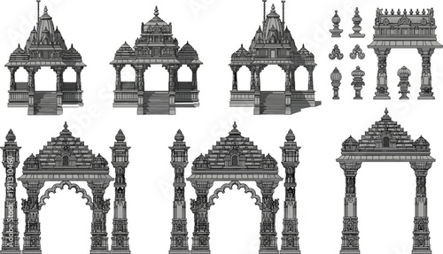 Traditional Indian temple entrance and decorative arch architecture set, ornate heritage pavilion structure line art illustration collection for cultural design
