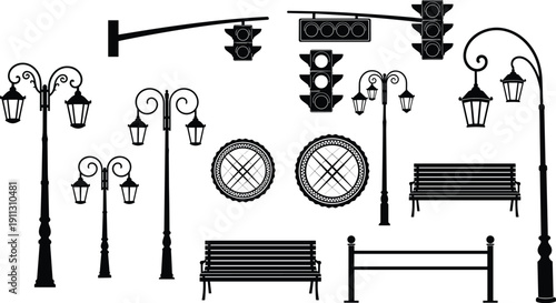 Urban street furniture silhouette set with traffic lights lamp posts benches and barriers, city infrastructure black vector icons isolated on white background