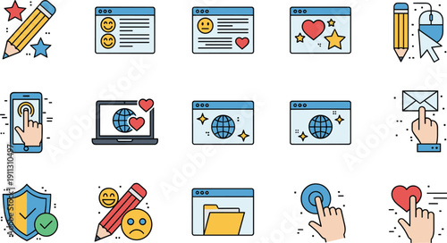 User interface interaction icons set featuring feedback, clicks, likes, messages, security, and web elements isolated on white background