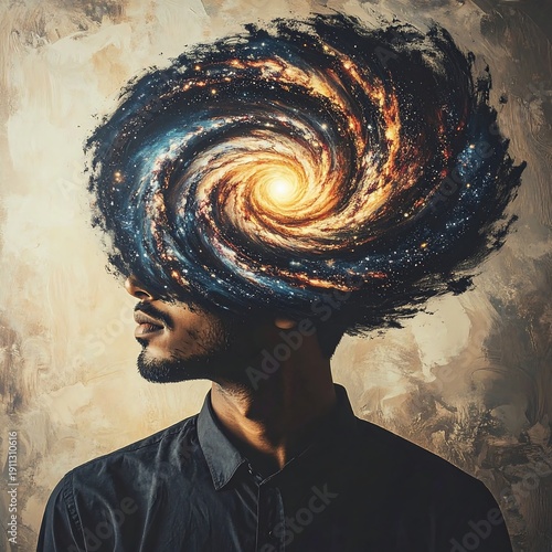 Surreal portrait of a person with a galaxy in place of a head