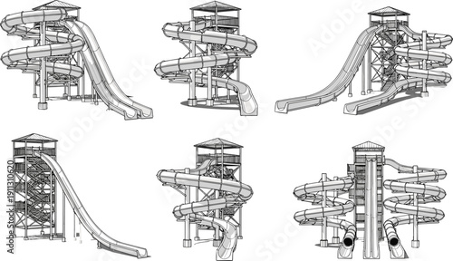 Water park slide tower collection with spiral and straight rides, amusement park structure line art vector illustration isolated on white background