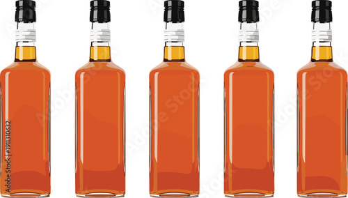 Whiskey bottle illustration set showing amber liquor glass bottles with blank label for branding packaging design isolated on white background
