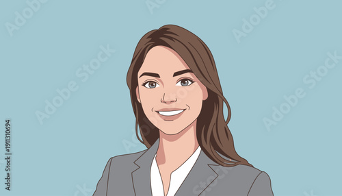 A woman in a gray business suit stands smiling with a light blue background during office work hours. She appears confident and engaged.